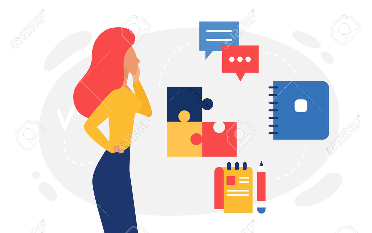 Logic thinking, abstract psychology concept vector illustration. Cartoon woman character thinks about missing piece of puzzle, lady looking for answer, online communication messenger windows icons - 169878345 Logic thinking, abstract psychology concept vector illustration. Cartoon woman character thinks about missing piece of puzzle, lady looking for answer, online communication messenger windows icons - 169878345