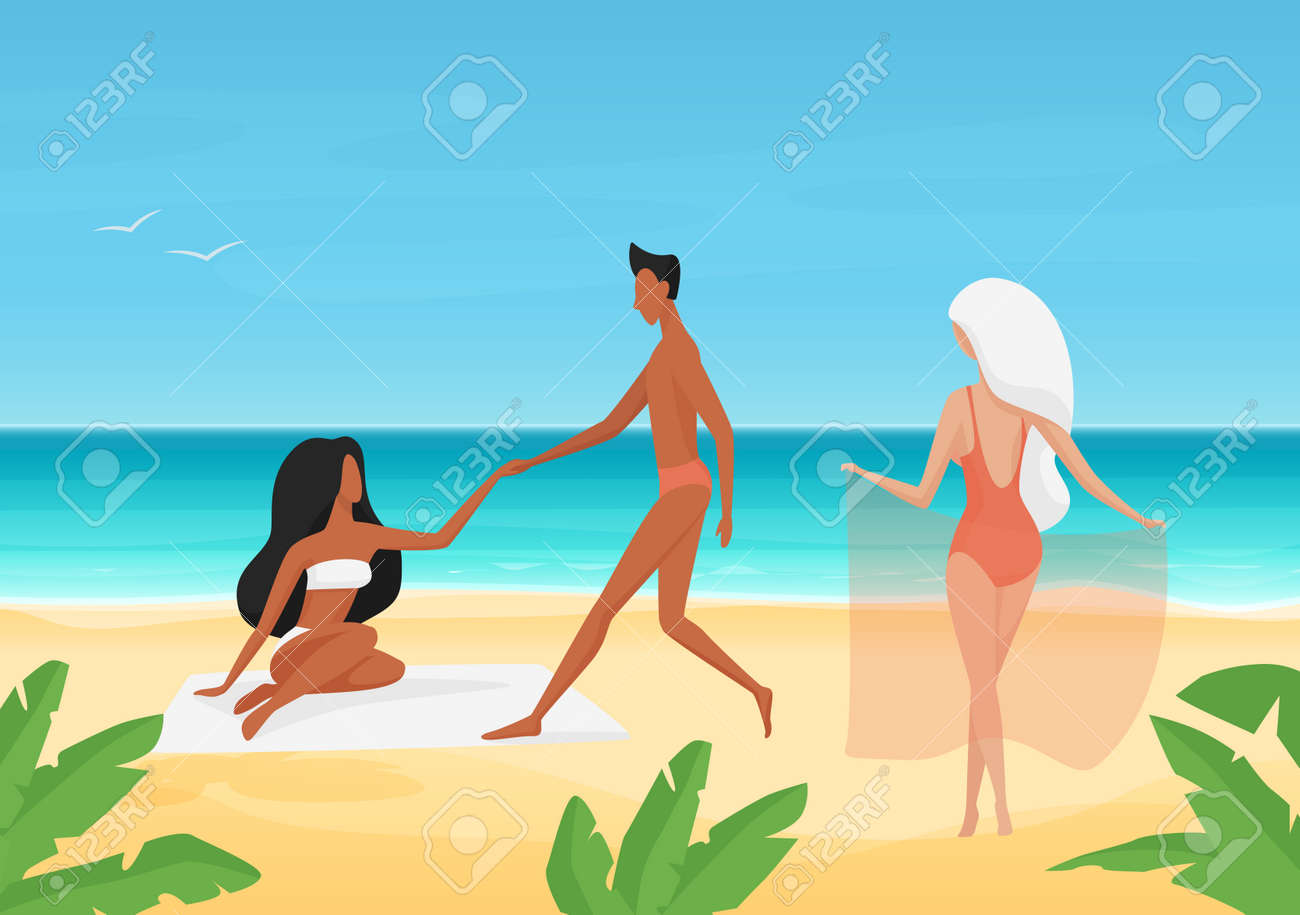 People in swimsuits on date, sunbathe and rest on summer sea tropical beach vector illustration. Cartoon young man character holding girls hand, dating and sunbathing on summertime vacation background - 169878351 People in swimsuits on date, sunbathe and rest on summer sea tropical beach vector illustration. Cartoon young man character holding girls hand, dating and sunbathing on summertime vacation background - 169878351