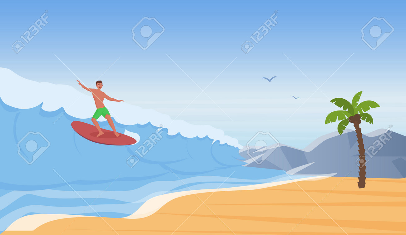 Surfer people surf, ride water wave on sea beach, summer adventure vector illustration. Cartoon happy young man character surfing on surfboard, extreme sport, summertime travel vacation background - 169878352 Surfer people surf, ride water wave on sea beach, summer adventure vector illustration. Cartoon happy young man character surfing on surfboard, extreme sport, summertime travel vacation background - 169878352