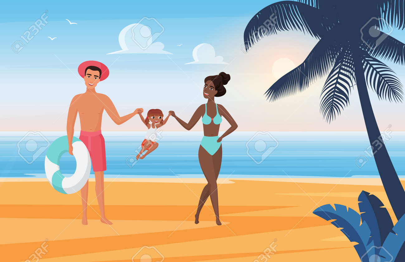 Family happy people have fun, sunbathe and play together on summer sea beach vacation vector illustration. Cartoon young mother father and kid girl tourist characters playing, sunbathing background - 169878356 Family happy people have fun, sunbathe and play together on summer sea beach vacation vector illustration. Cartoon young mother father and kid girl tourist characters playing, sunbathing background - 169878356