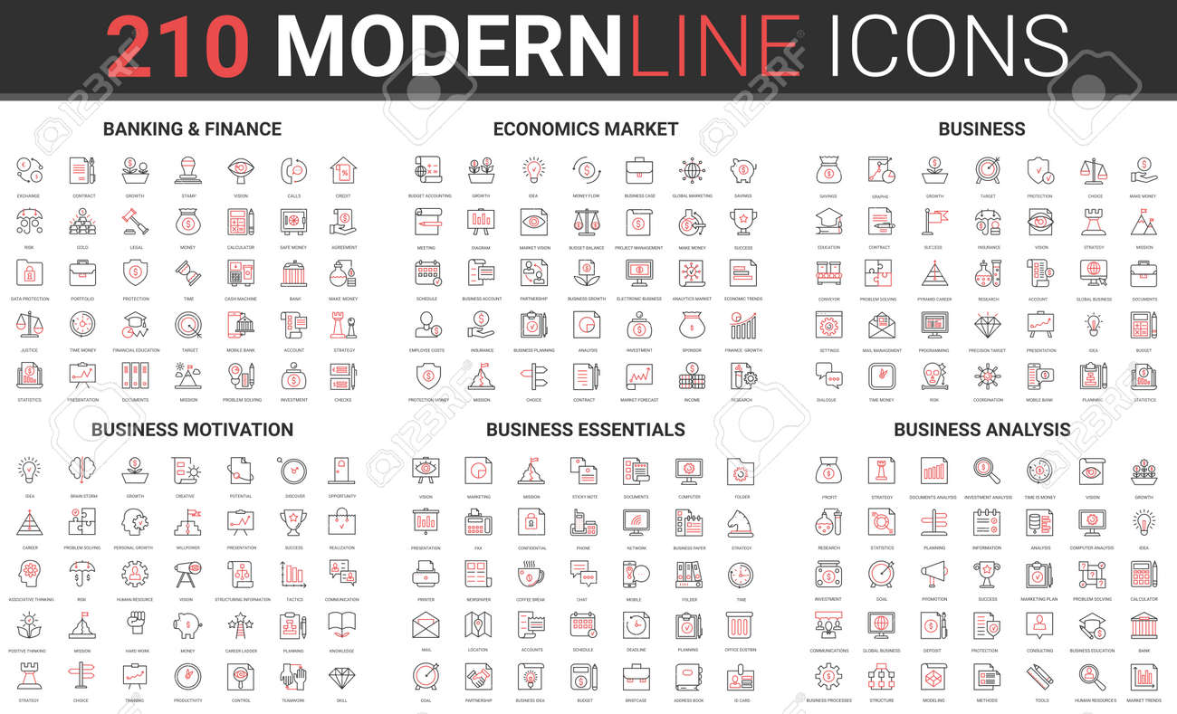 Safe banking and finance, economy stock market thin red black line icon vector illustration set. Outline symbols for business essential, motivation, analysis analytics of business financial operation - 169878217 Safe banking and finance, economy stock market thin red black line icon vector illustration set. Outline symbols for business essential, motivation, analysis analytics of business financial operation - 169878217