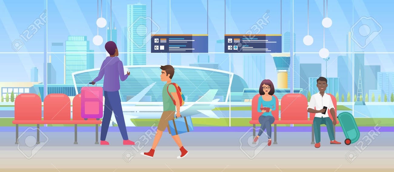 Airport arrival waiting room or international departure lounge with people tourists vector illustration. Cartoon man woman passenger characters wait to fly by plane, sitting in chairs background - 169878215 Airport arrival waiting room or international departure lounge with people tourists vector illustration. Cartoon man woman passenger characters wait to fly by plane, sitting in chairs background - 169878215