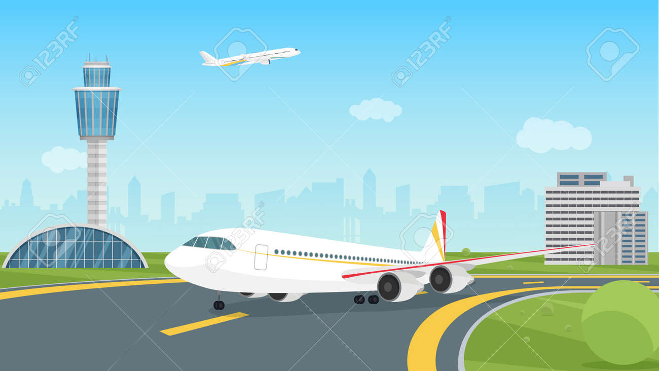 Airplane taking off from airport runway, passenger aircraft takeoff illustration. Cartoon landscape airport view with aeroplane on airfield, control traffic tower, city building silhouettes background - 169878221 Airplane taking off from airport runway, passenger aircraft takeoff illustration. Cartoon landscape airport view with aeroplane on airfield, control traffic tower, city building silhouettes background - 169878221