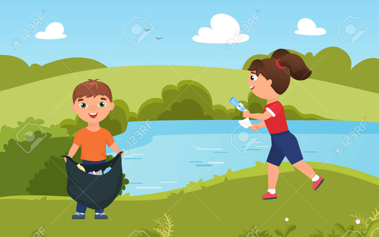 Children collect trash garbage, clean nature vector illustration. Cartoon cute team of volunteer boy girl characters cleaning green summer park together, friends gathering plastic rubbish bottles - 169878225 Children collect trash garbage, clean nature vector illustration. Cartoon cute team of volunteer boy girl characters cleaning green summer park together, friends gathering plastic rubbish bottles - 169878225