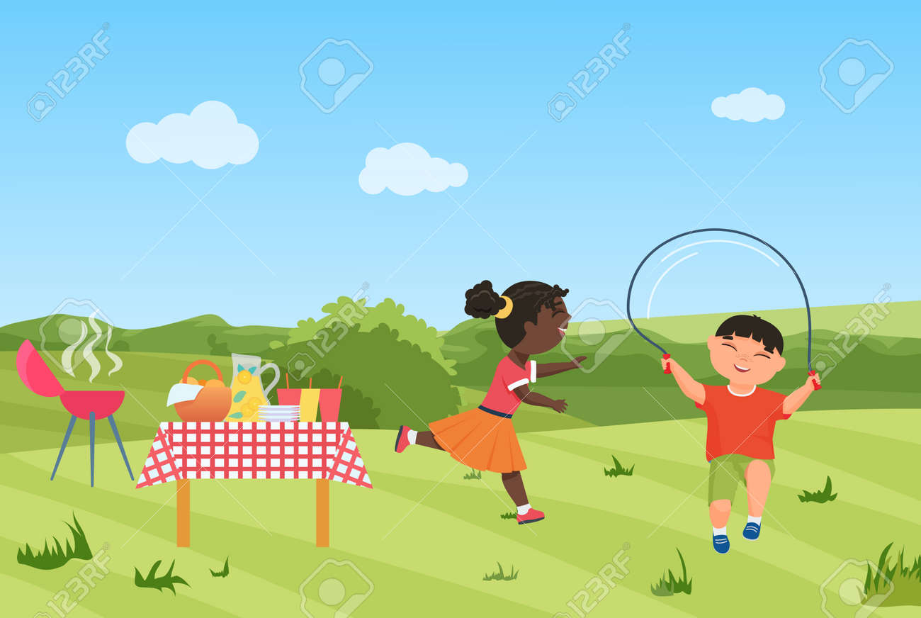 Happy children have fun on barbecue picnic party together vector illustration. Cartoon girl child running, boy character jumping rope, healthy sport activity in summer green garden or park background - 169878222 Happy children have fun on barbecue picnic party together vector illustration. Cartoon girl child running, boy character jumping rope, healthy sport activity in summer green garden or park background - 169878222