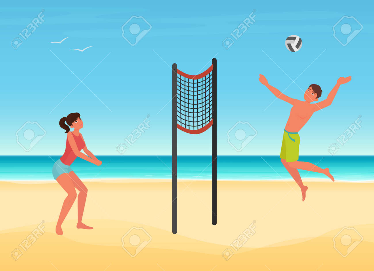 Couple people play volleyball on summer sea beach of tropical island vector illustration. Cartoon young woman man player character playing ball, jumping, summertime sport travel vacation background - 169878359 Couple people play volleyball on summer sea beach of tropical island vector illustration. Cartoon young woman man player character playing ball, jumping, summertime sport travel vacation background - 169878359