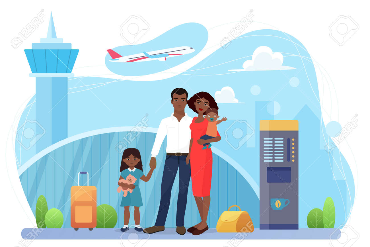 Family people travel, airline transportation vector illustration. Cartoon passenger mother father and children characters standing together in airport terminal, ready to fly by plane isolated on white - 170373993 Family people travel, airline transportation vector illustration. Cartoon passenger mother father and children characters standing together in airport terminal, ready to fly by plane isolated on white - 170373993