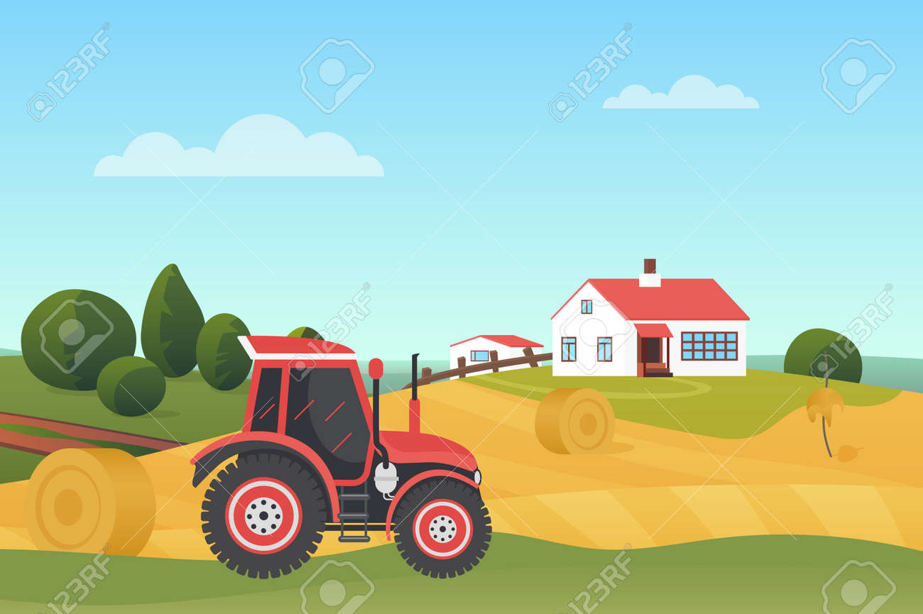 Harvesting in autumn landscape, modern farm tractor on wheat fields with haystacks vector illustration. Cartoon countryside village scenery, agricultural machine, farmhouse building on hill background - 170311739 Harvesting in autumn landscape, modern farm tractor on wheat fields with haystacks vector illustration. Cartoon countryside village scenery, agricultural machine, farmhouse building on hill background - 170311739