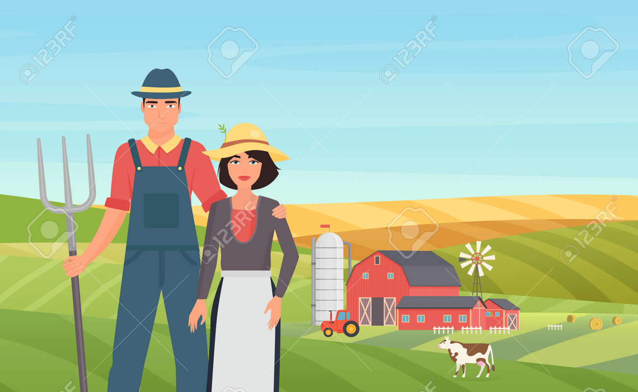 Farmer agrarian people work on cattle livestock farm in village agriculture landscape vector illustration. Cartoon young man woman couple characters holding pitchfork, working on field background - 170373989 Farmer agrarian people work on cattle livestock farm in village agriculture landscape vector illustration. Cartoon young man woman couple characters holding pitchfork, working on field background - 170373989