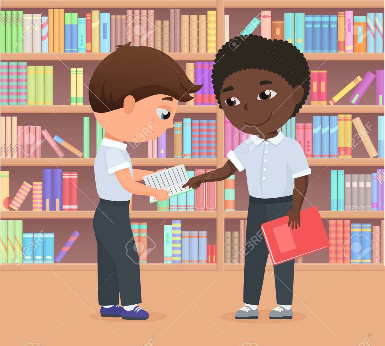Children standing in library or bookstore together, kids study vector illustration. Cartoon character holding book, student boy helping friend to do homework, learning difficulties problems background - 170311169 Children standing in library or bookstore together, kids study vector illustration. Cartoon character holding book, student boy helping friend to do homework, learning difficulties problems background - 170311169