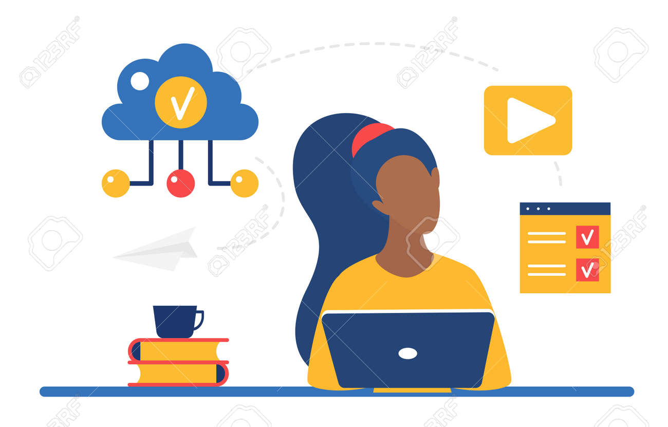 Cloud storage system for business remote work vector illustration. Cartoon woman character working online with laptop, sitting at table, download and upload data information files via internet - 170373992 Cloud storage system for business remote work vector illustration. Cartoon woman character working online with laptop, sitting at table, download and upload data information files via internet - 170373992