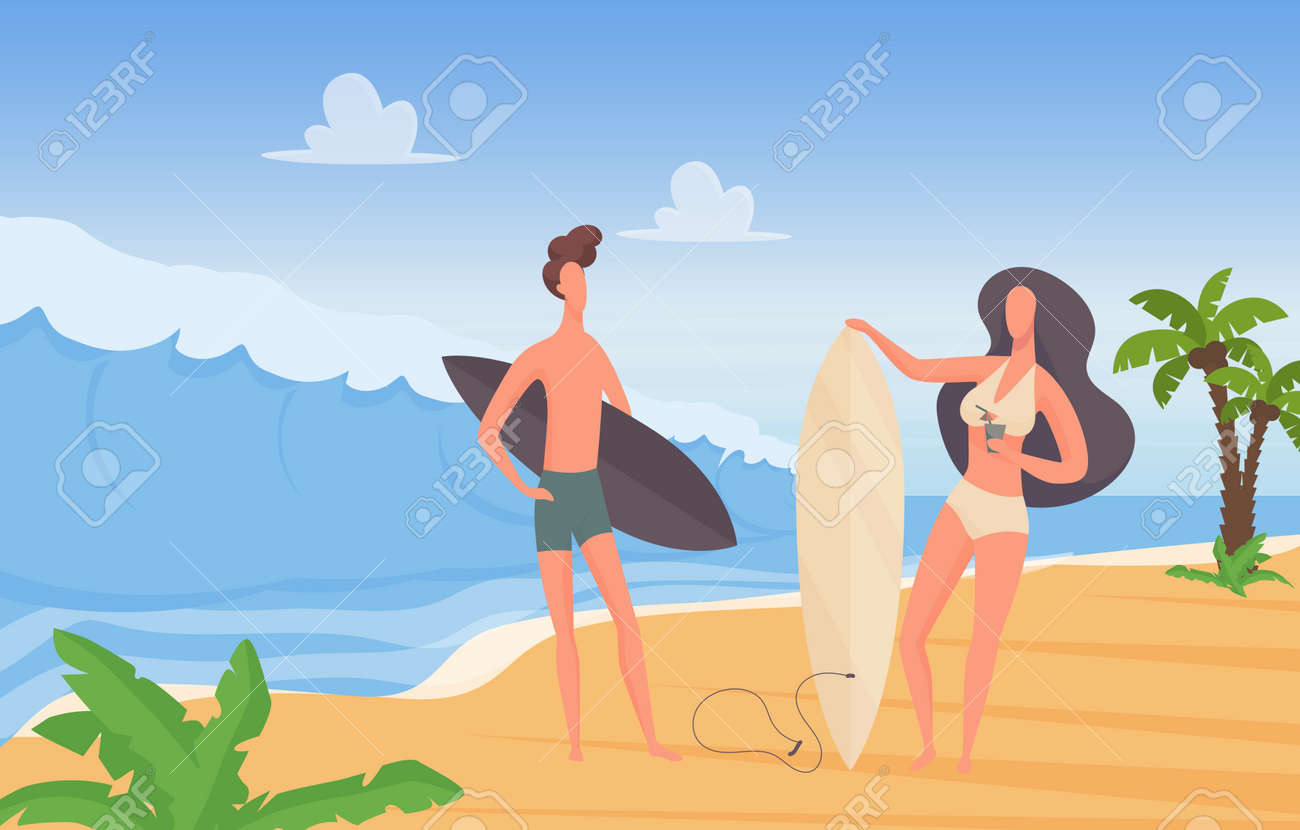 Surfer couple people with surfboards on summer sport, travel extreme vacation adventure vector illustration. Cartoon young man woman characters standing together at sunny seaside landscape background - 170310979 Surfer couple people with surfboards on summer sport, travel extreme vacation adventure vector illustration. Cartoon young man woman characters standing together at sunny seaside landscape background - 170310979