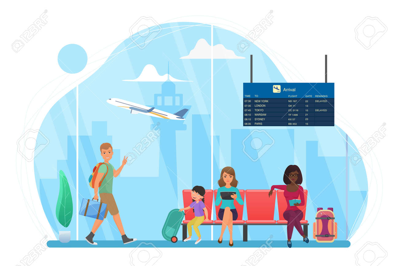 Happy people travel, wait at airport for trip flight vector illustration. Cartoon man tourist character walking, young mother with kid sitting on seats, woman reading in waiting area isolated on white - 170638551 Happy people travel, wait at airport for trip flight vector illustration. Cartoon man tourist character walking, young mother with kid sitting on seats, woman reading in waiting area isolated on white - 170638551