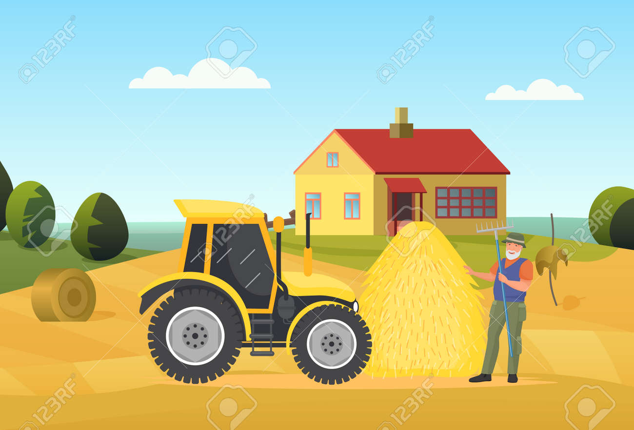 Farmer people work in village rural landscape vector illustration. Cartoon elderly man worker character holding pitchfork, standing next to tractor agriculture machine and haystack on field background - 170638334 Farmer people work in village rural landscape vector illustration. Cartoon elderly man worker character holding pitchfork, standing next to tractor agriculture machine and haystack on field background - 170638334