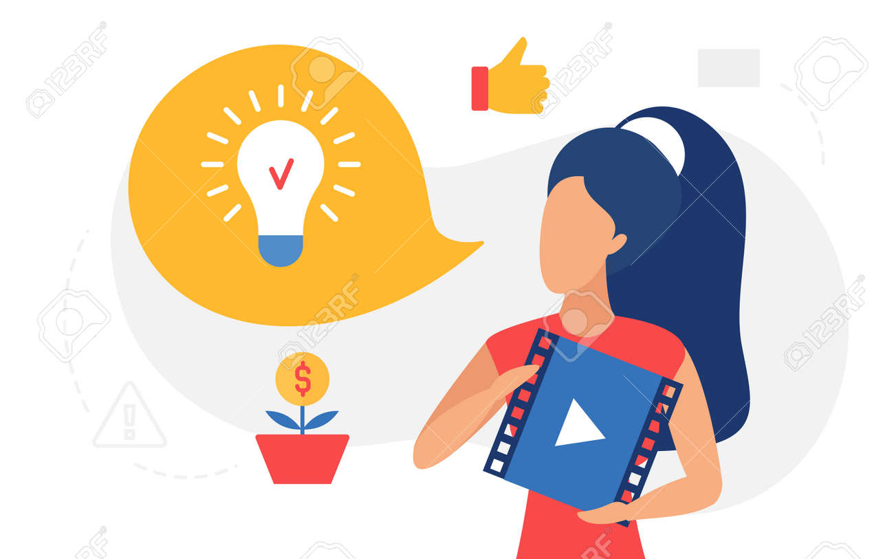 Online education, lightbulb lamp concept vector illustration. Cartoon woman character holding video player with business training course podcast icon to get idea and inspiration, internet learning - 170638767 Online education, lightbulb lamp concept vector illustration. Cartoon woman character holding video player with business training course podcast icon to get idea and inspiration, internet learning - 170638767