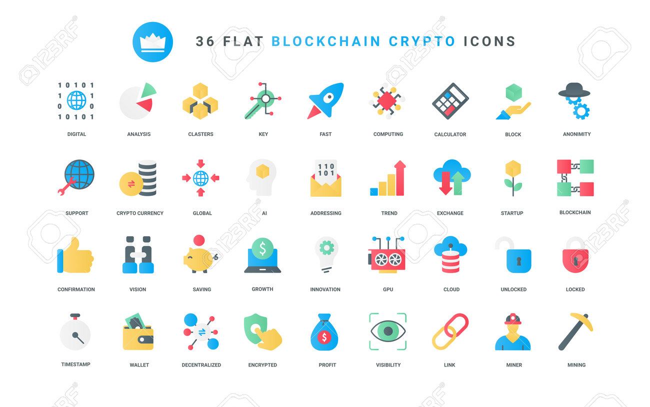 암호화폐 블록체인 글로벌 디지털 암호화 화폐 동향을 위한 최신 유행 플랫 컬러 아이콘 핀테크 교환 분석 비트코인 데이터 마이닝 시작  로켓 벡터 일러스트레이션에서 이익을 얻습니다. 로열티 무료 사진, 그림, 이미지 그리고 스톡포토그래피.