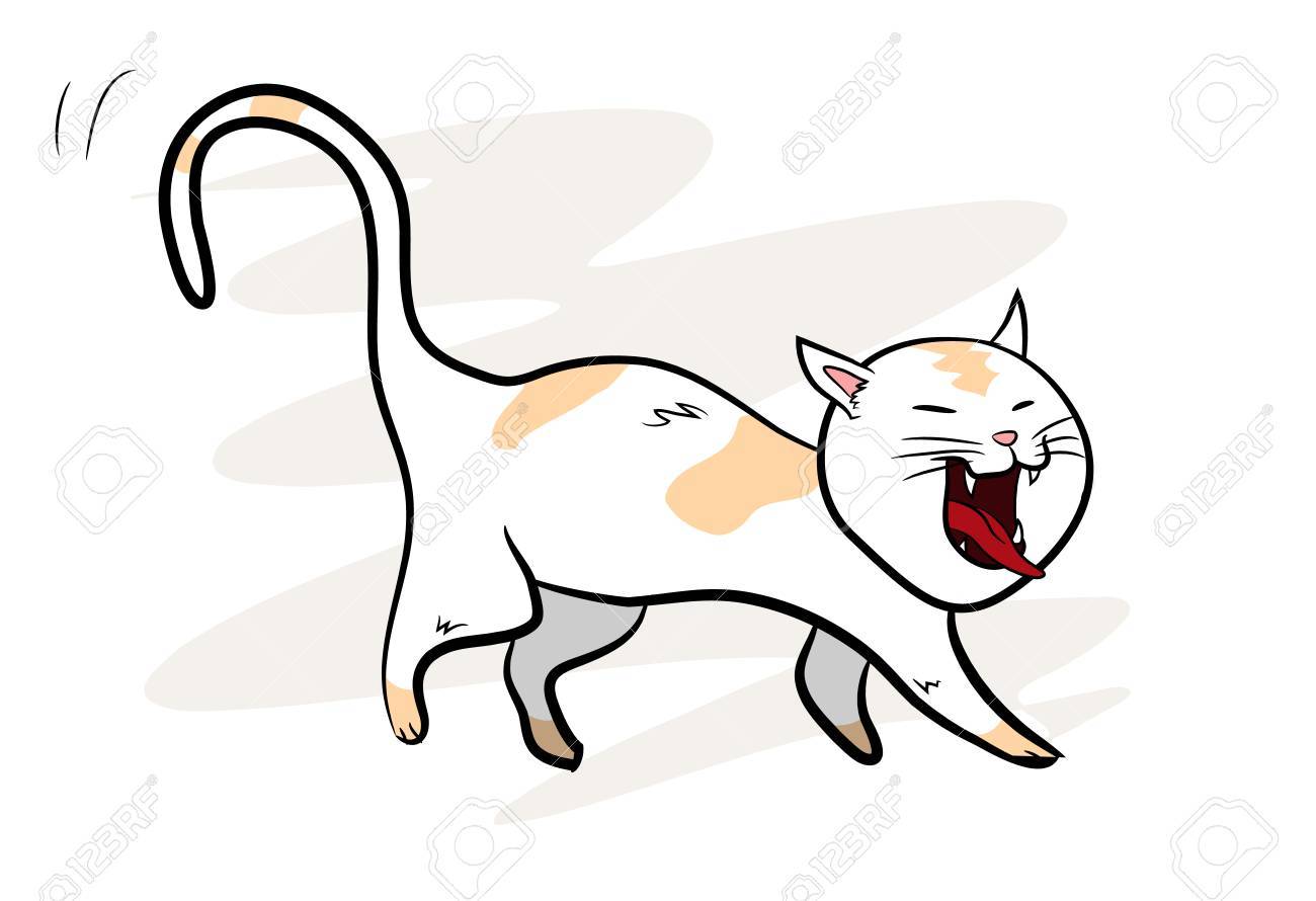 猫 かわいい猫のあくびは 編集可能なシンプルな背景で隔離の手描きのベクトル図です のイラスト素材 ベクタ Image