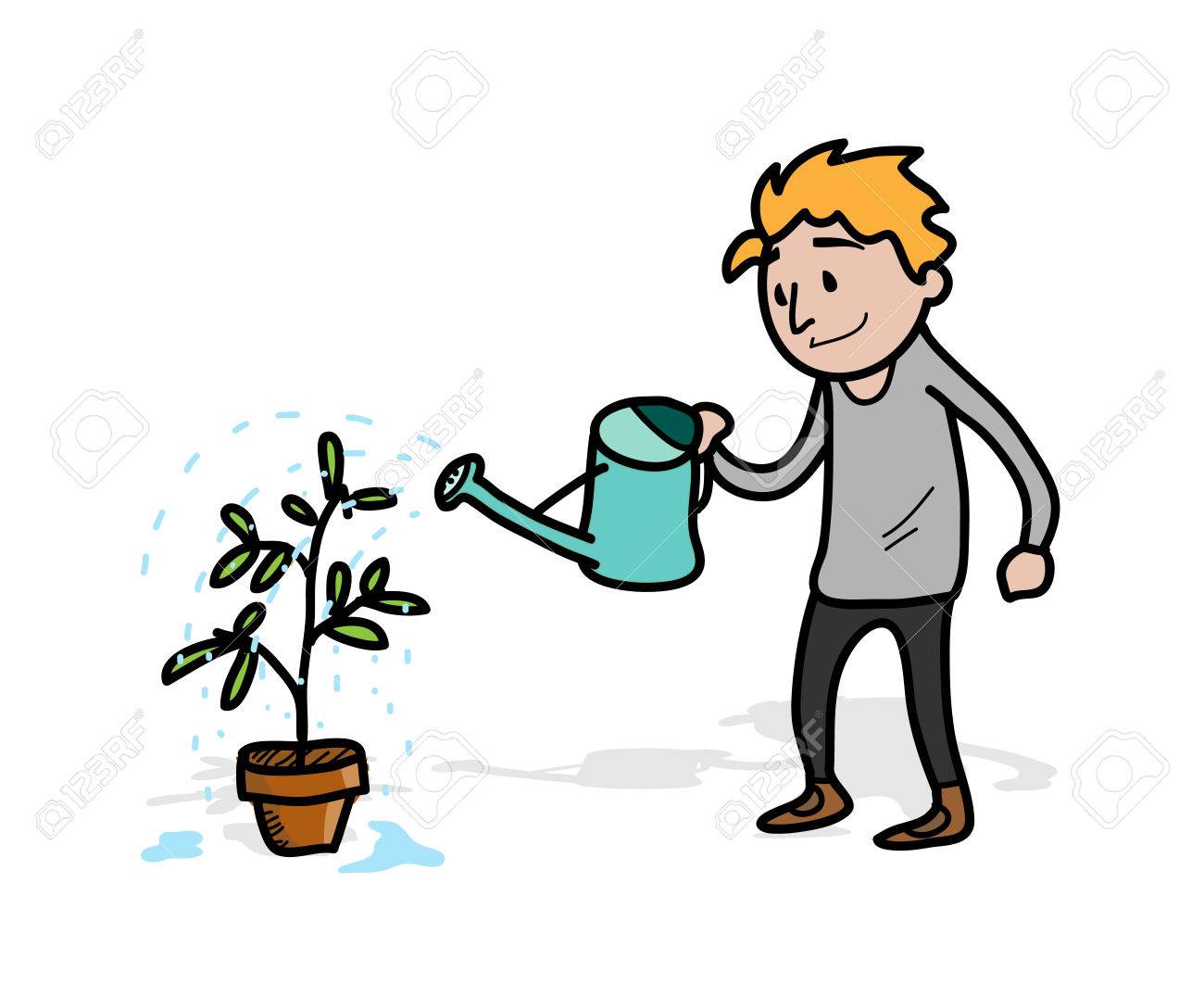 それぞれは簡単に編集できる別のグループにオブジェクト 彼の植生植物に水をまく男の手描きのベクトル図 植生植物に水をまくのイラスト素材 ベクタ Image