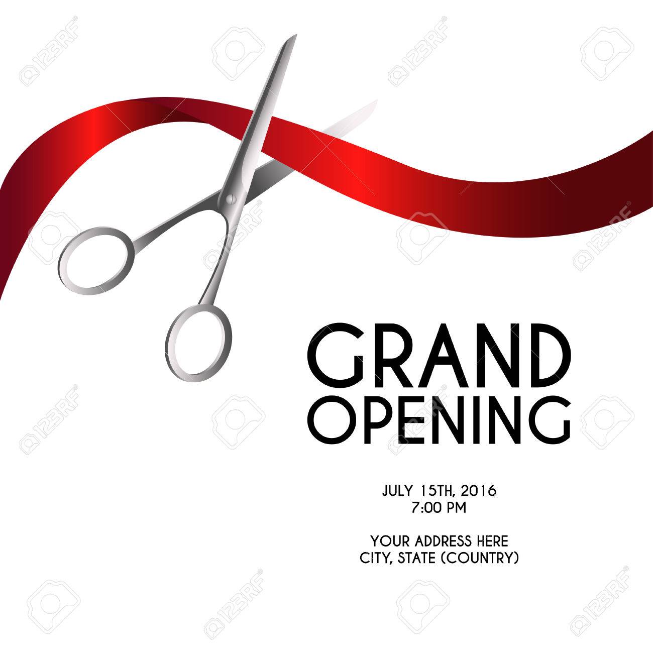 Grand opening poster mock-up with silver scissors cutting red ribbon isolated on white background, design announcement template. Editable and movable objects. - 56099644 Grand opening poster mock-up with silver scissors cutting red ribbon isolated on white background, design announcement template. Editable and movable objects. - 56099644