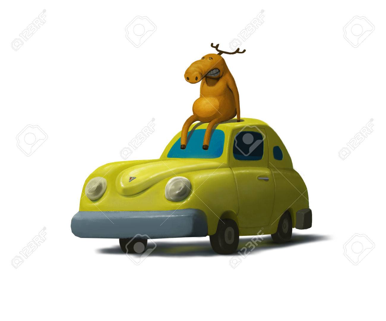 黄色の車屋根 漫画のキャラクター クリスマス ムース 新年に鹿のイラスト の写真素材 画像素材 Image