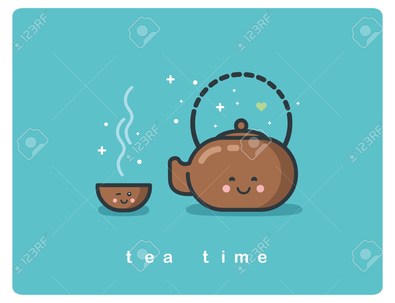 お茶の時間 お茶のポットとカップかわいい漫画のキャラクター 茶道のベクトル フラット アイコン のイラスト素材 ベクタ Image