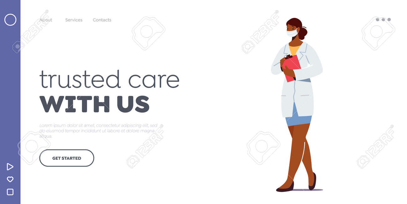 Doctor or Nurse Landing Page Template. Female Character Physician in White Robe with Clip Board Wear Medical Mask - 164287809 Doctor or Nurse Landing Page Template. Female Character Physician in White Robe with Clip Board Wear Medical Mask - 164287809