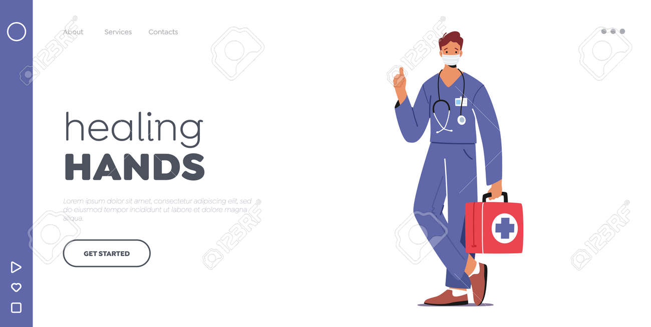 Doctor or Nurse Landing Page Template. Male Character in Robe with Medical Tools in Box in Mask. Clinic, Hospital Staff - 164287810 Doctor or Nurse Landing Page Template. Male Character in Robe with Medical Tools in Box in Mask. Clinic, Hospital Staff - 164287810