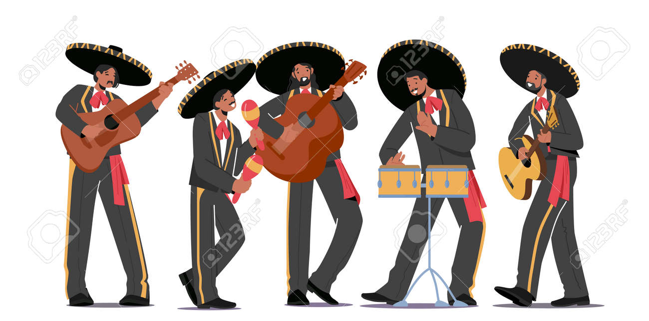 Mariachi Mexican Musicians Band Carnival Performance. Characters Playing  Guitar, Drums And Maracas Instruments Royalty Free SVG, Cliparts, Vectors,  and Stock Illustration. Image 180893588., image size:1300x643