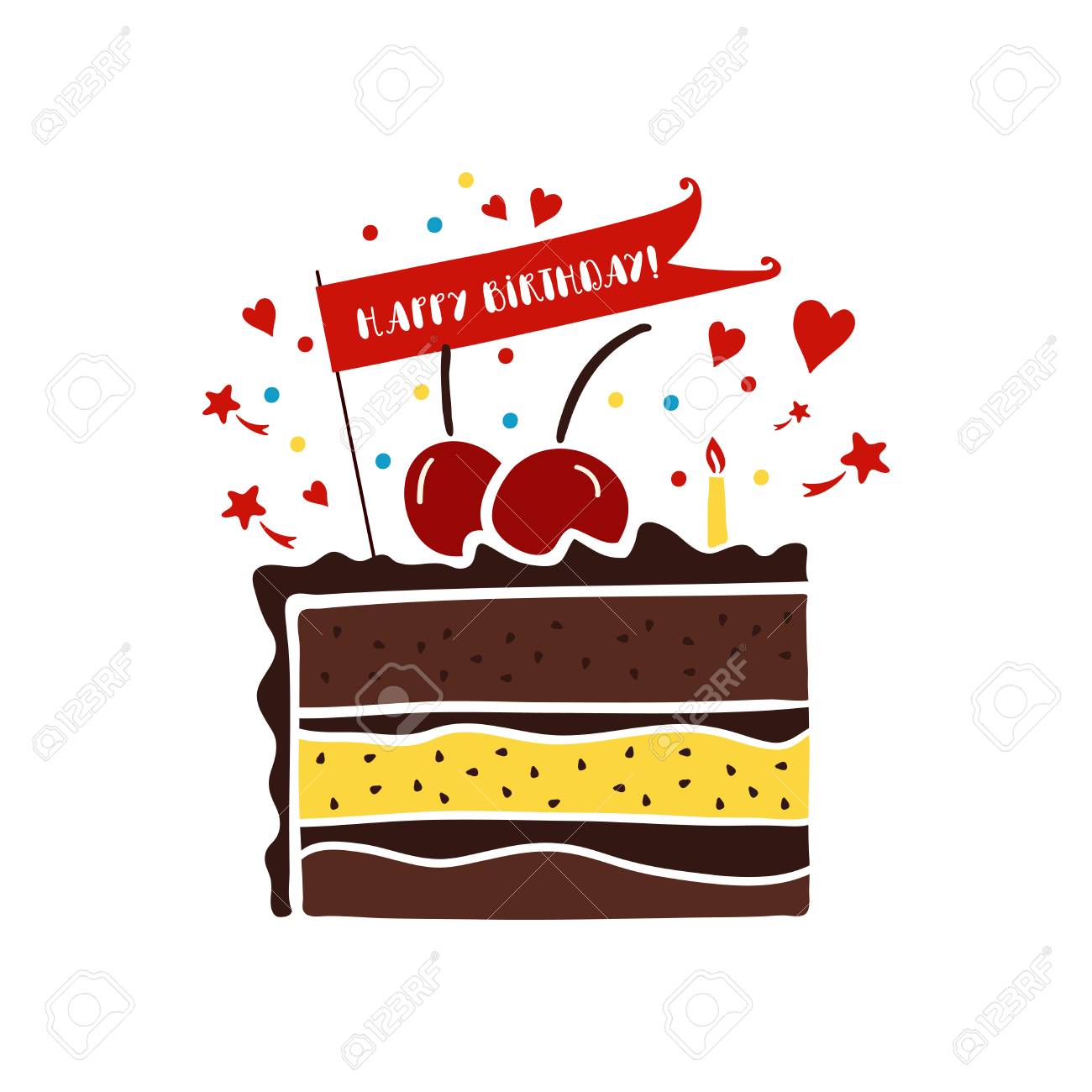 白い背景の上のケーキでハッピーバースデー グリーティング カード 手描きケーキ ケーキでお誕生日おめでとうカード テンプレートです 孤立したお酒 幸せな 誕生日の装飾です かわいいケーキのデザイン要素 ハッピーバースデーの文字 のイラスト素材 ベクタ