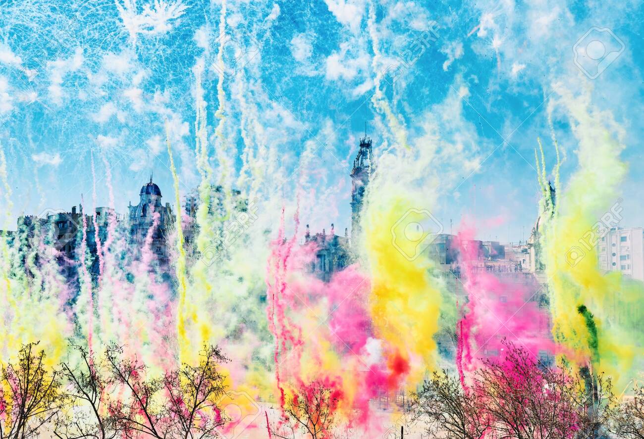 Las Fallas of Valencia,Spain. Mascletá in town hall square,thousands of colorful pyrotechnic elements explode. - 132901011 Las Fallas of Valencia,Spain. Mascletá in town hall square,thousands of colorful pyrotechnic elements explode. - 132901011