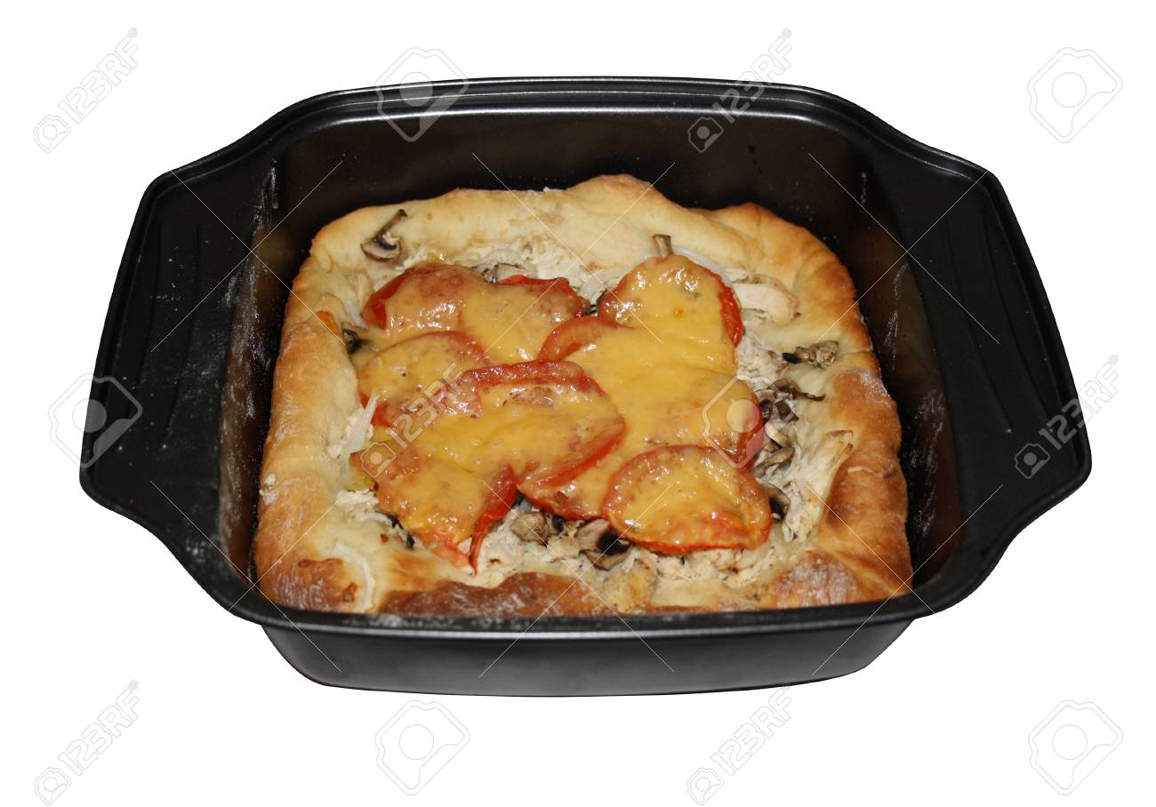 tomate and cheese pie with chicken and mashrooms in backing sheet backing sheet