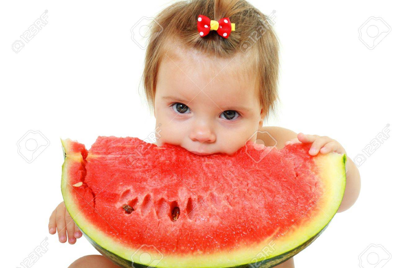 cute little baby girl eating watermelon slice on white background - 16012506 cute little baby girl eating watermelon slice on white background - 16012506