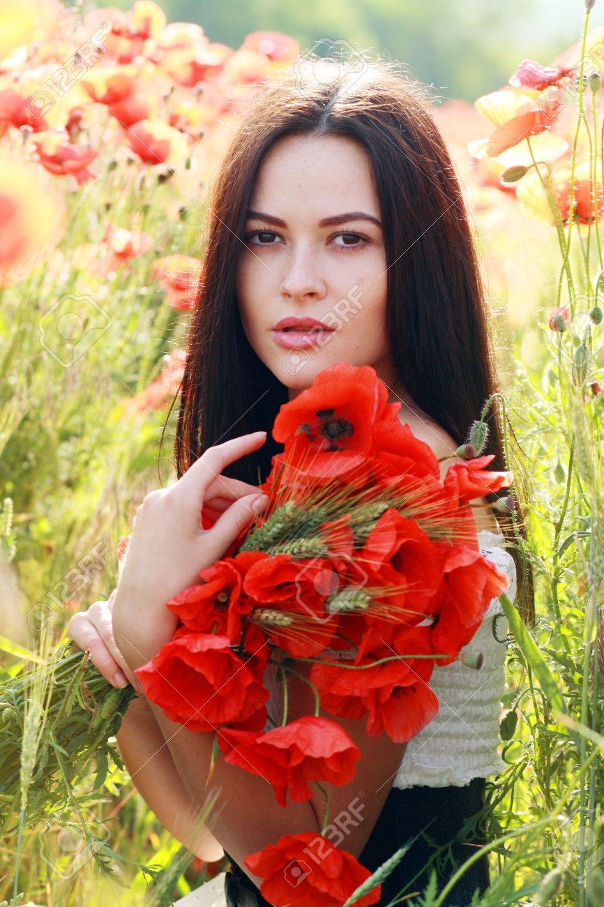 Series Young Girl With Long Hair In Poppies Field Soft Summer