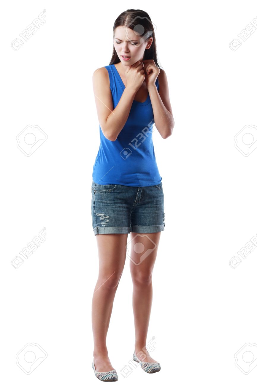 A full body view of a young girl suffering from pain in throat isolated against