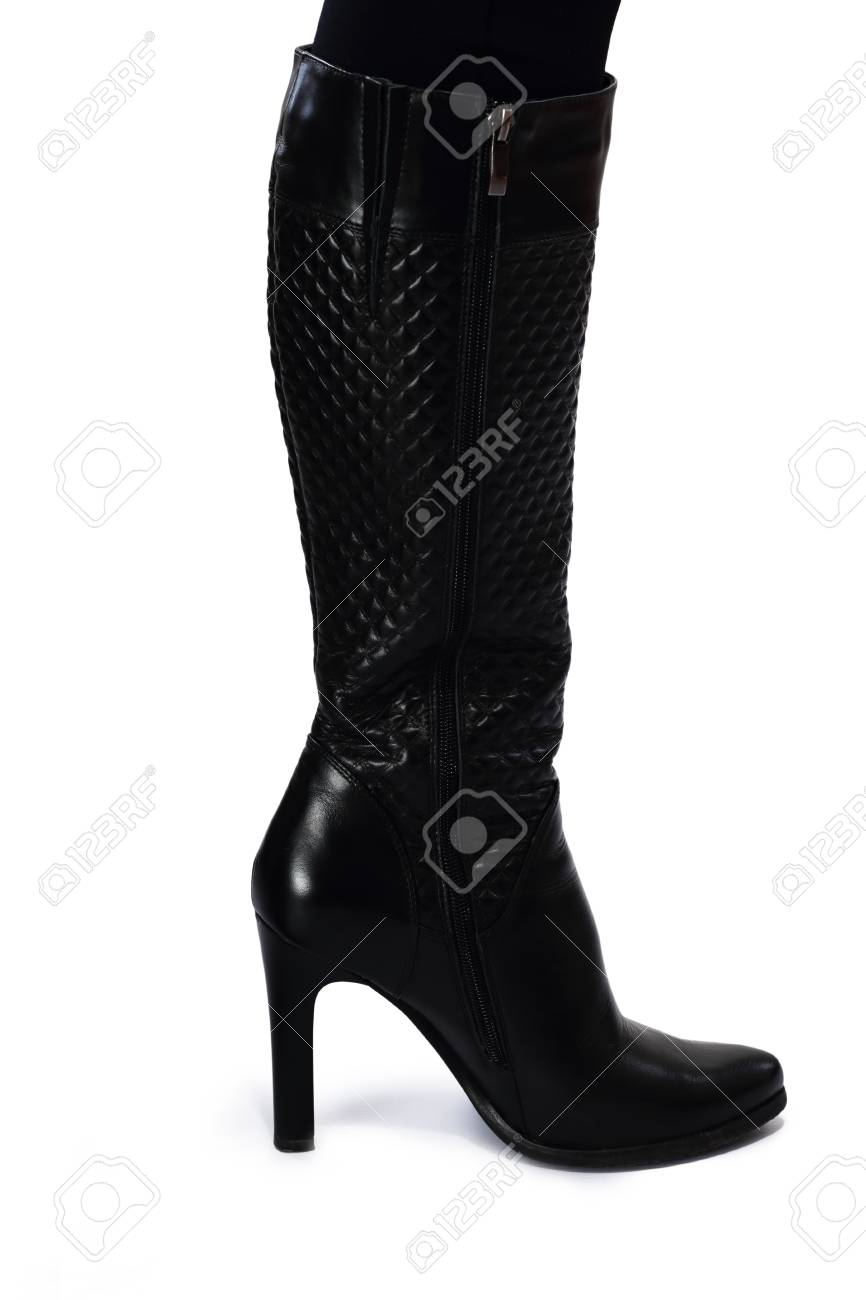 Vrouwelijke Lederen Laars Met Hoge Hak Geïsoleerd Op Wit Vrouw In Goth Laarzen Met Hoge Hak Geïsoleerd Royalty Vrije