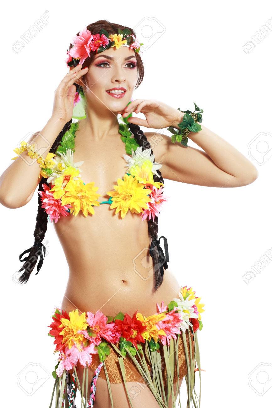 ハワイアン アクセサリーを招いて 笑顔の美しいエキゾチックな女の子 の写真素材 画像素材 Image