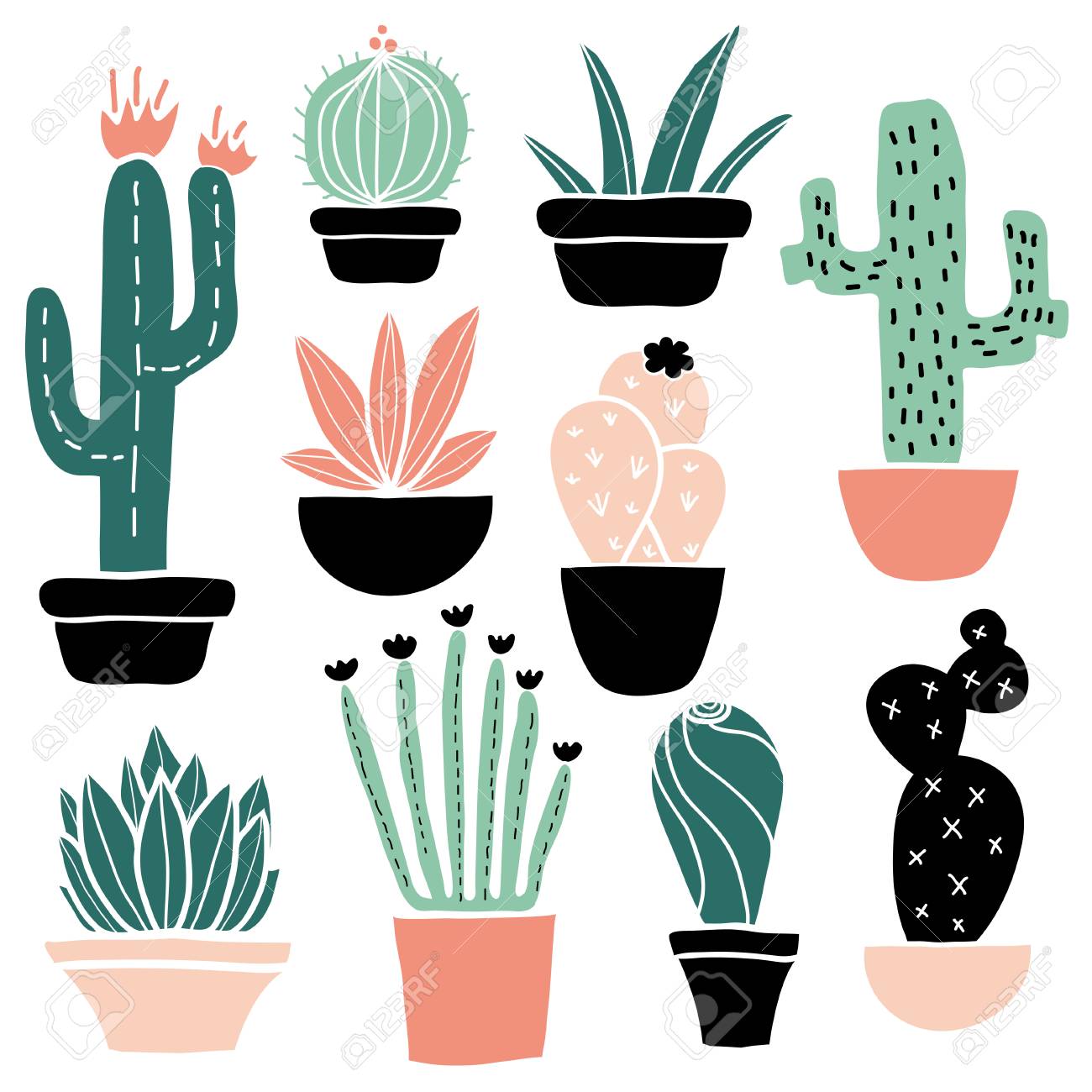 Conjunto De Plantas De Cactos Desenhadas À Mão Em Um Estilo De