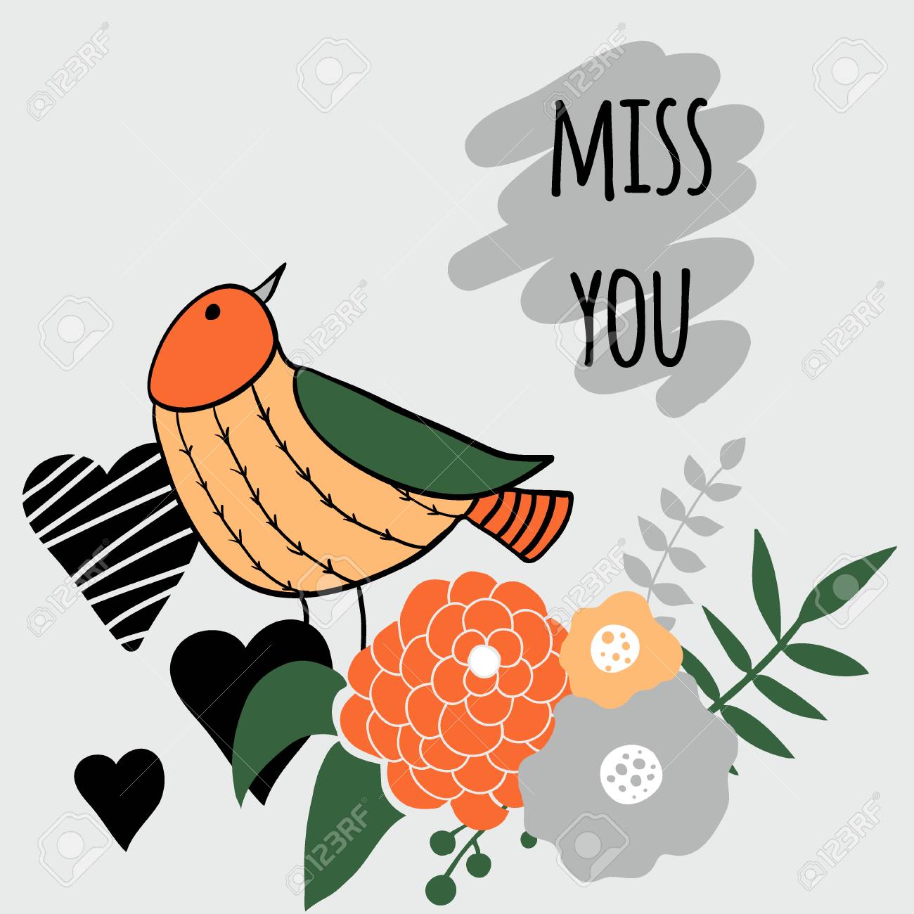 Vector Romantic Illustration With Bird And Flowers And Inscription