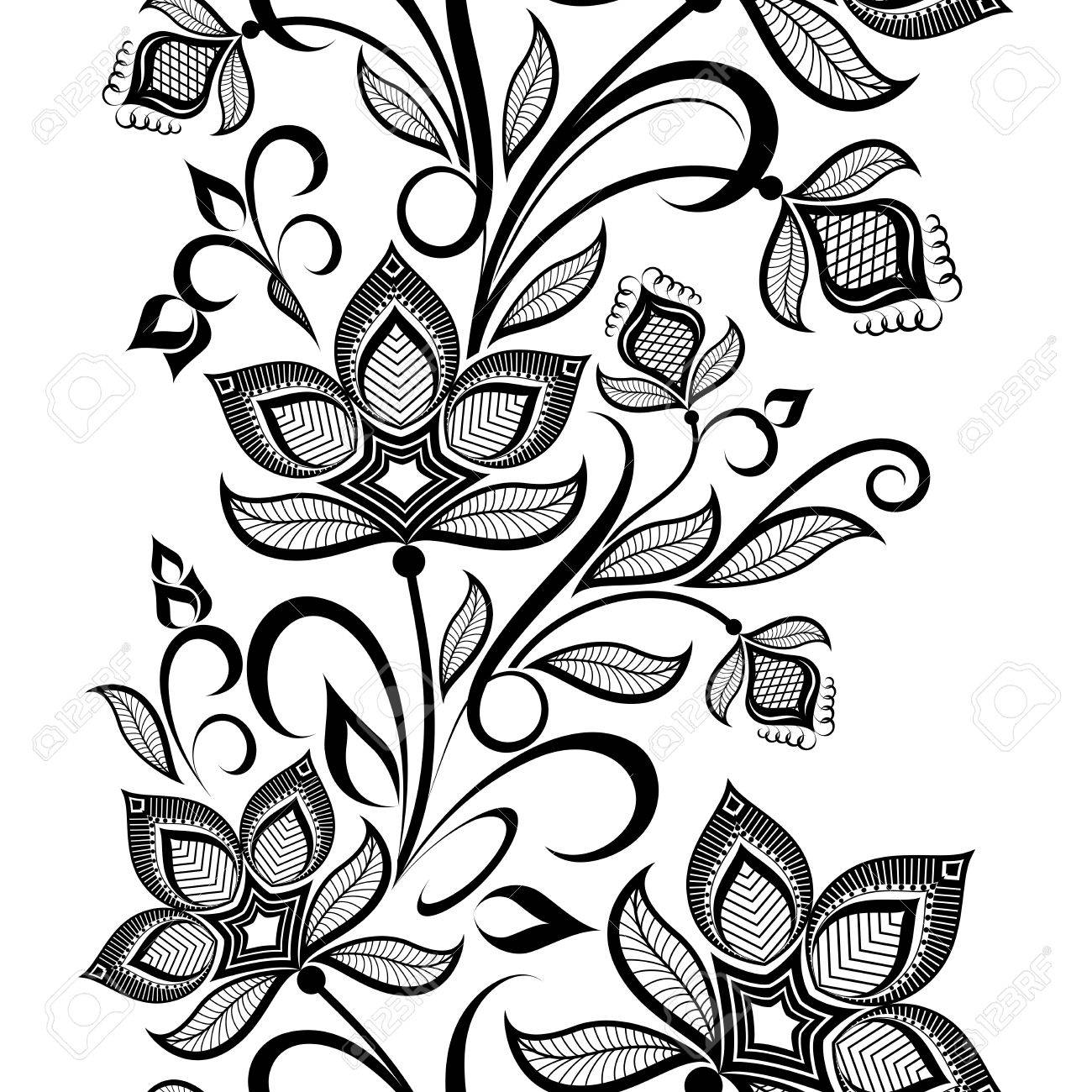 Seamless Black And White Floral Vintage Vertical Vector Pattern Stock