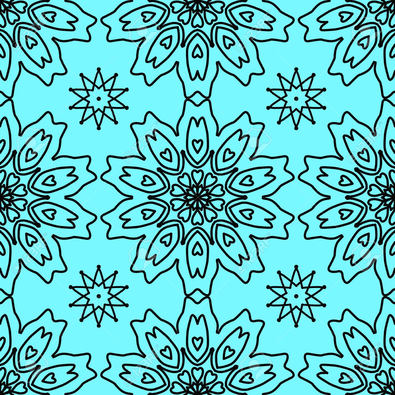 花飾りとシームレスなティファニーブルーのタイルパターン。キッチンの  