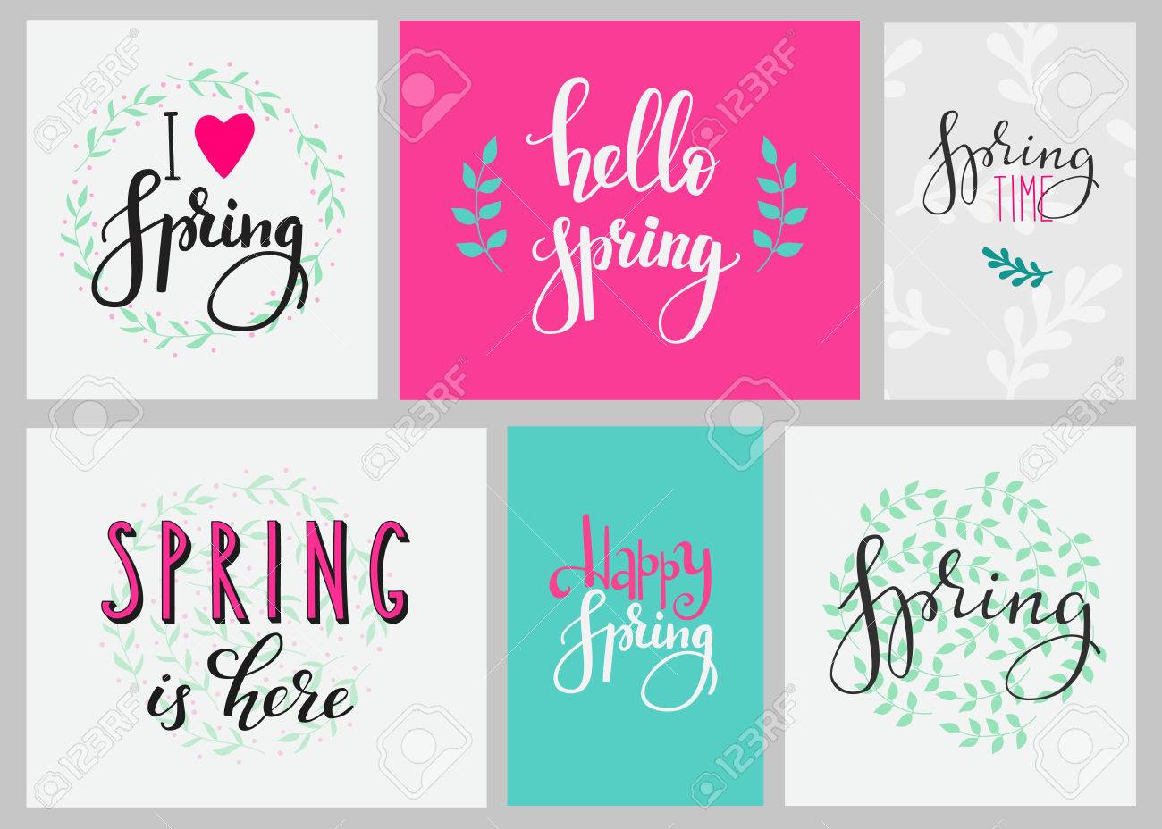 こんにちは春レタリング文字体裁設定 書道春ポストカードやポスター グラフィック デザイン文字要素 手書き書道スタイル春 ポストカード 単純なベクトルの書道 幸せな春 のイラスト素材 ベクタ Image