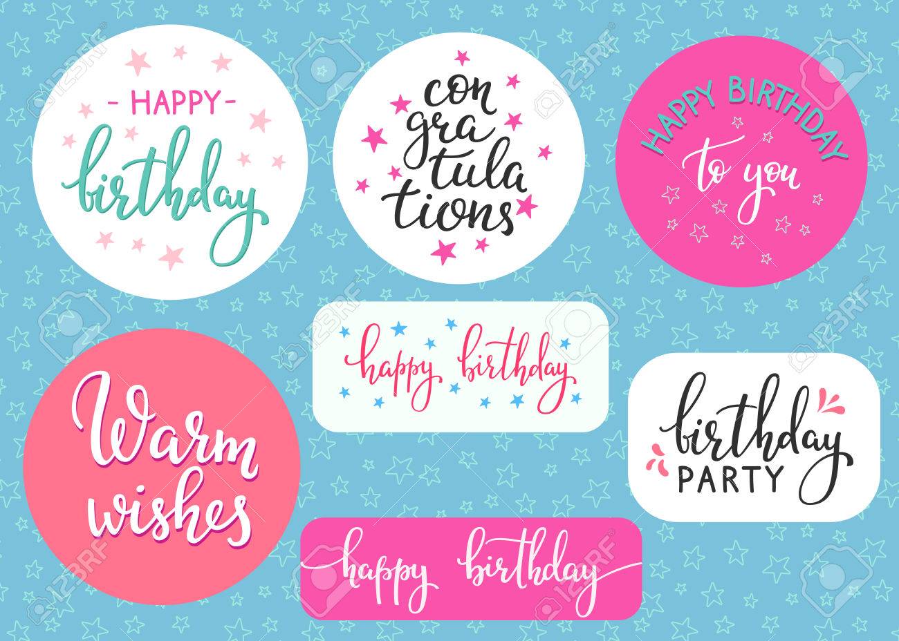 Happy Birthday Lettering Sign Quote Typography Set. Calligraphy Style Ideas  For Postcard Poster Graphic Design. Cute Happy Birthday Vector Pattern Card  Design Elements Birthday Party Decor Warm Wishes Royalty Free SVG, Cliparts,, image size:1300x928
