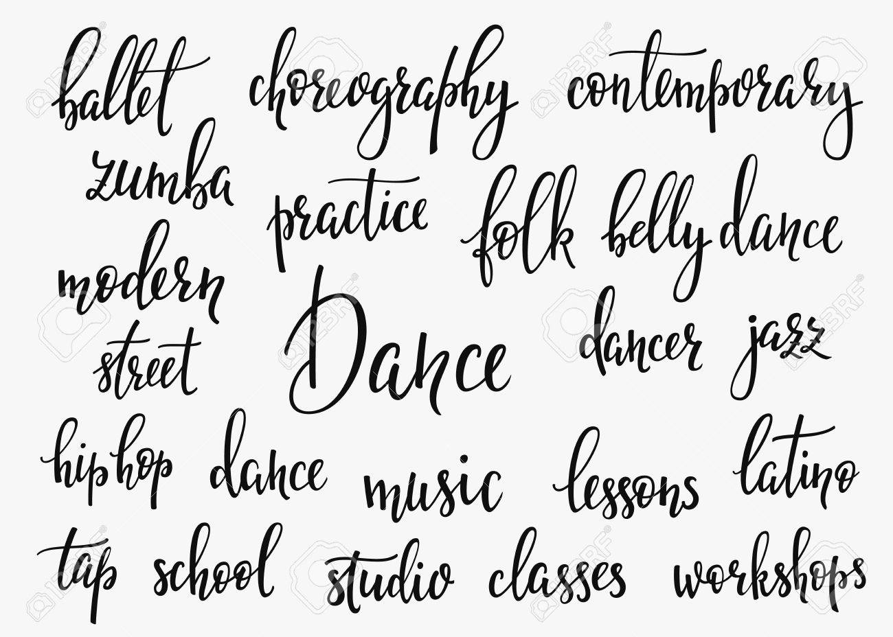 ダンス スタジオ インスピレーション文字を設定します グラフィック デザインの文字要素 手書き書道スタイル サイン装飾タイポグラフィ要素かわいい単純なベクトル レタリング 手書きのダンスの引用記号のイラスト素材 ベクタ Image