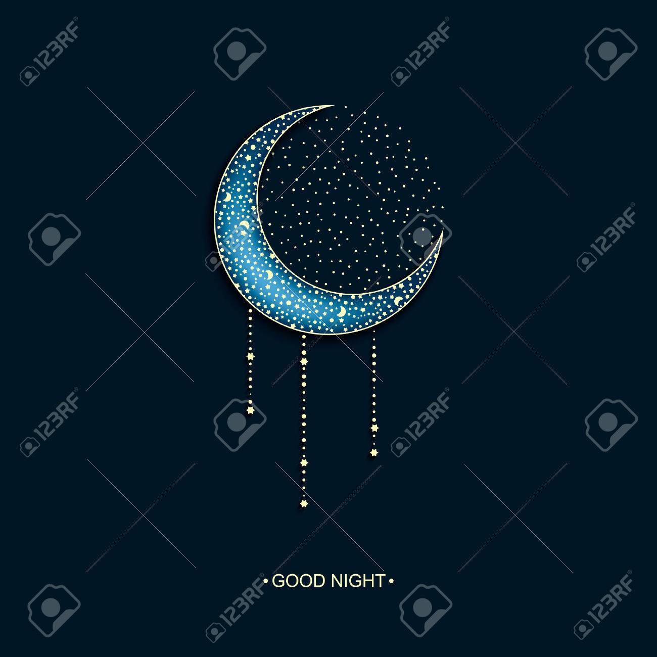 Vecteur Néon Sombre Fond De Nuit Avec La Lune Décorée Arabe Et Les étoiles Et Les Mots Bonne Nuit