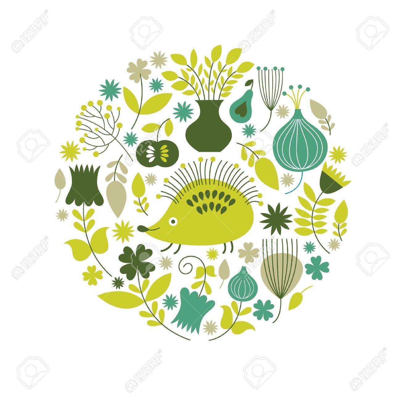 花のイラストかわいいハリネズミと花 のイラスト素材 ベクタ Image