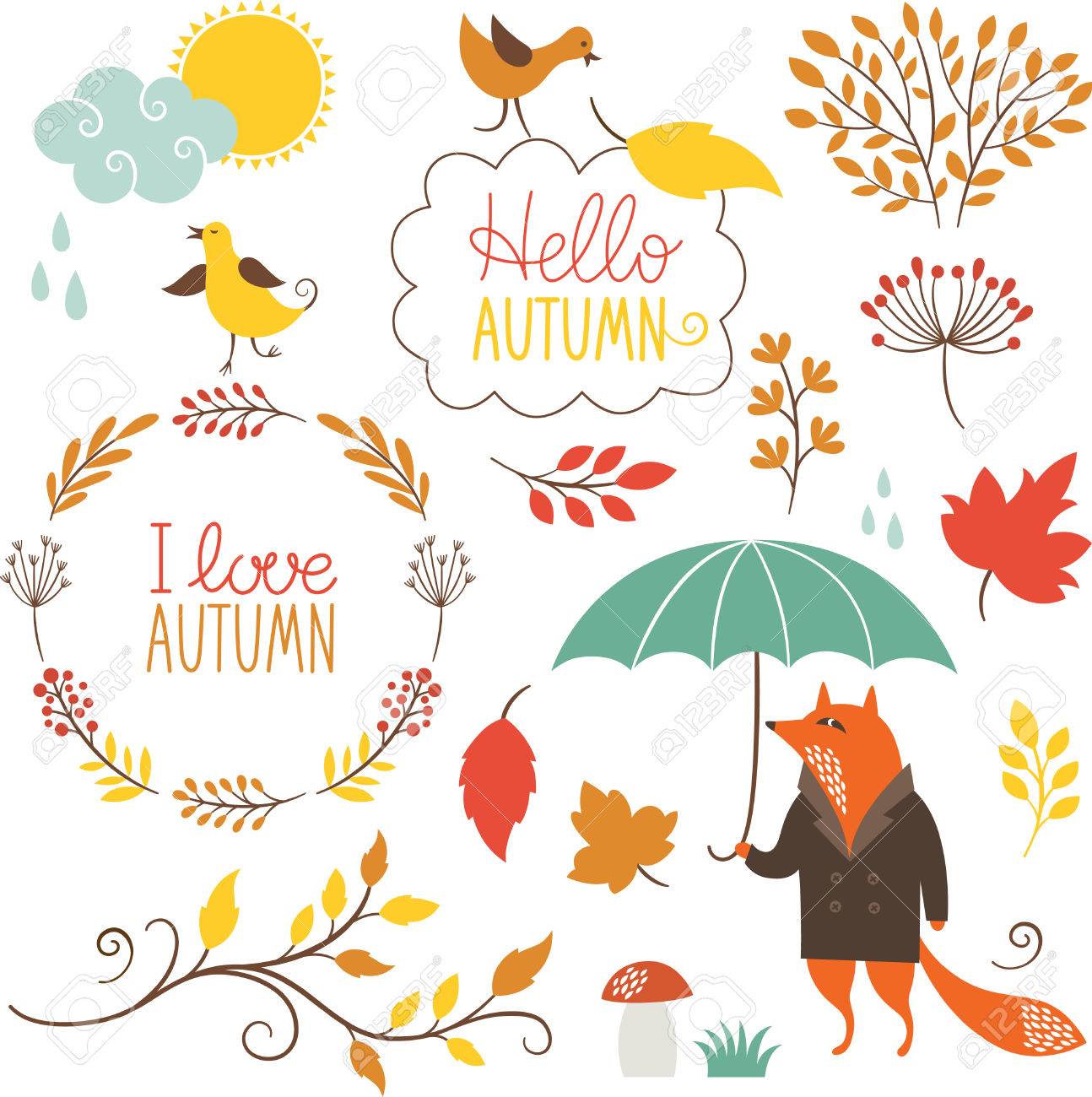 一連の漫画のキャラクターと秋の要素のイラスト素材 ベクタ Image