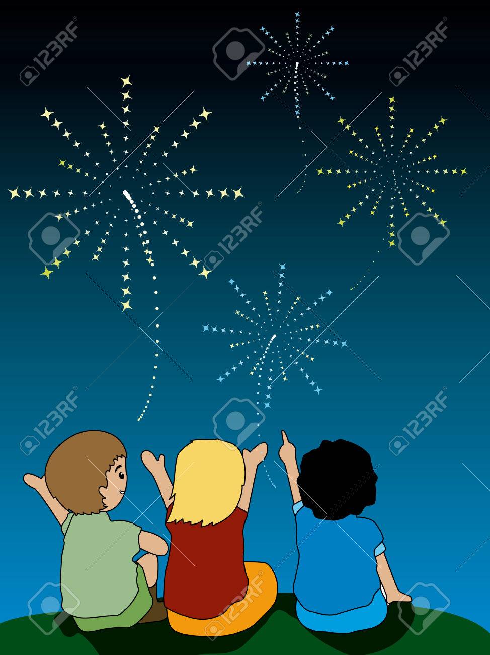 фейерверк на природе. A painting of a girl watching the firework. фейерверк полет. мультяшные дети смотрят салют. дети радуются салюту.