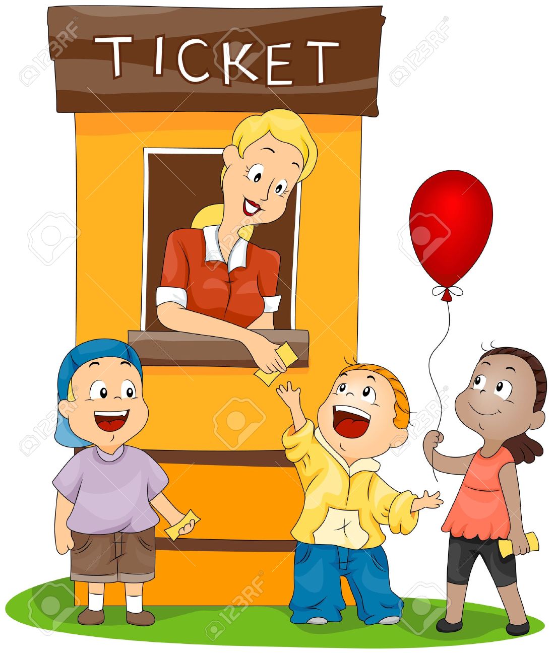 This image is a clipart picture of a women who is selling tickets of a ride to 3 children.