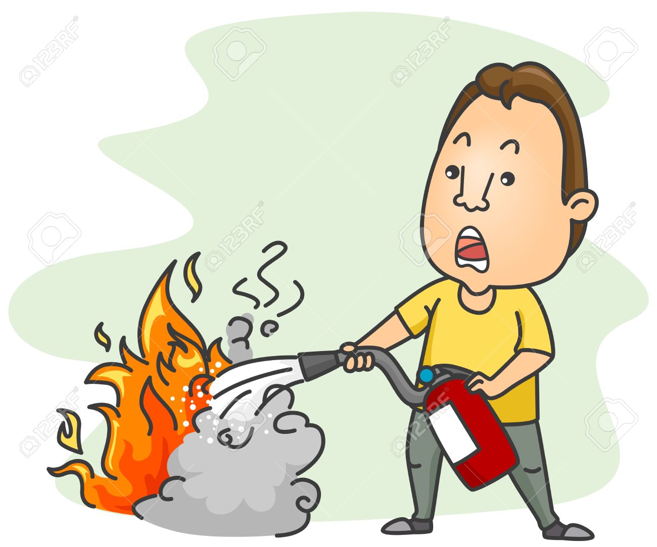 a man putting out a fire using a fire extinguisher stock photo