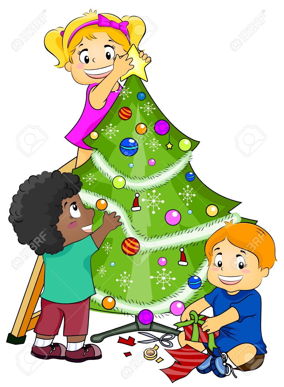 Kids Decorating For Christmas illustration featuring kids decorating a christmas tree stock Kids Decorating For Christmas illustration featuring kids decorating a christmas tree stock